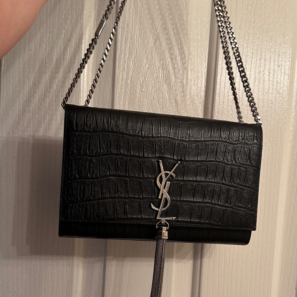 Yves Saint Laurent Black Croc-Embossed Clutch with Chain